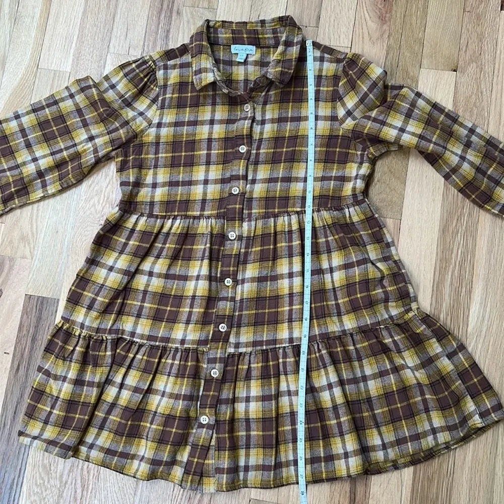 Girl Love Fire Yellow Brown Plaid Fleece Cotton Shirtdress (Youth L)